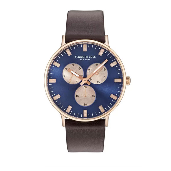 Jam tangan pria KENNETH COLE KC14946002 dengan desain modern, case warna hitam, dial minimalis, dan tali kulit berwarna gelap.