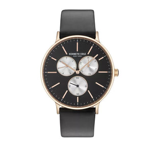 Jam tangan pria KENNETH COLE KC14946006 dengan dial hitam, case stainless steel warna perak, dan tali kulit cokelat bernuansa elegan.