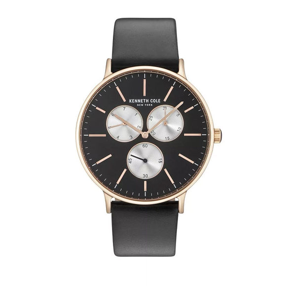 Jam tangan pria KENNETH COLE KC14946006 dengan dial hitam, case stainless steel warna perak, dan tali kulit cokelat bernuansa elegan.