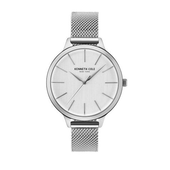 Jam tangan wanita Kenneth Cole KC15056009 berwarna silver dengan gelang mesh stainless steel yang elegan.