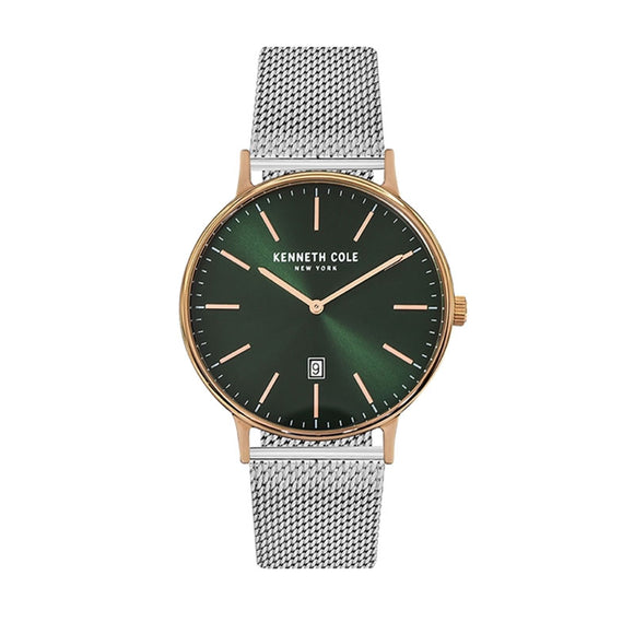 Jam tangan pria KENNETH COLE KC15057011 dengan dial modern dan tali stainless steel bergaya maskulin.