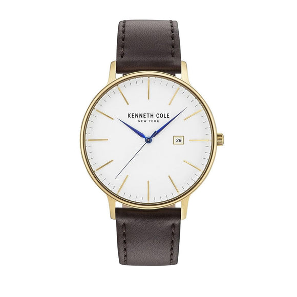 Jam tangan pria KENNETH COLE KC15059005 dengan skeleton dial dan tali kulit bergaya klasik modern.