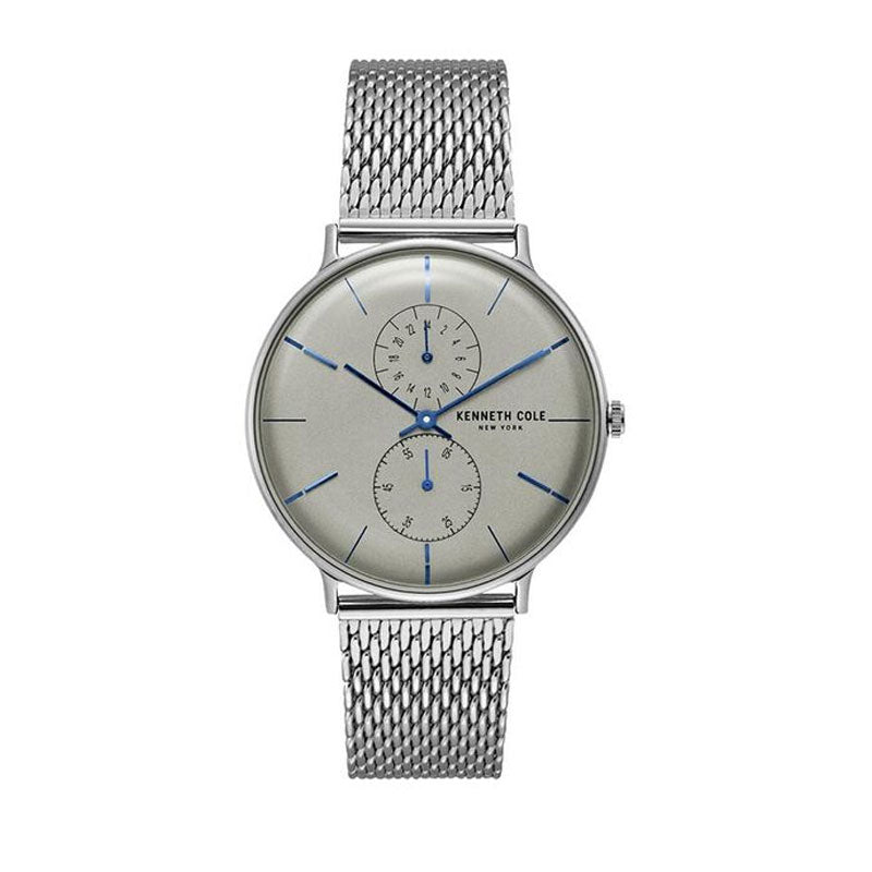 Jam tangan pria KENNETH COLE KC15188002 dengan skeleton dial terbuka dan tali stainless steel bergaya maskulin modern.