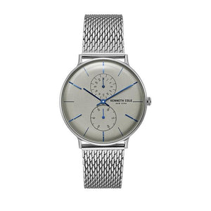 Jam tangan pria KENNETH COLE KC15188002 dengan skeleton dial terbuka dan tali stainless steel bergaya maskulin modern.