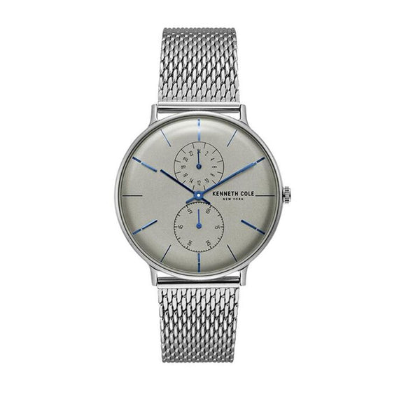 Jam tangan pria KENNETH COLE KC15188002 dengan skeleton dial terbuka dan tali stainless steel bergaya maskulin modern.