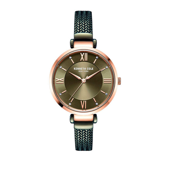 Jam tangan wanita Kenneth Cole KC50797001 dengan desain elegan, dial hijau dengan aksen rose gold, dan strap milanese stainless steel.