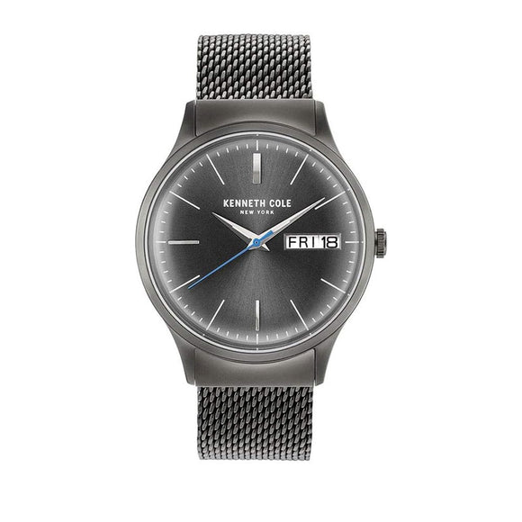 Jam tangan pria KENNETH COLE KCNY50587003 dengan desain klasik dan tali stainless steel perak.