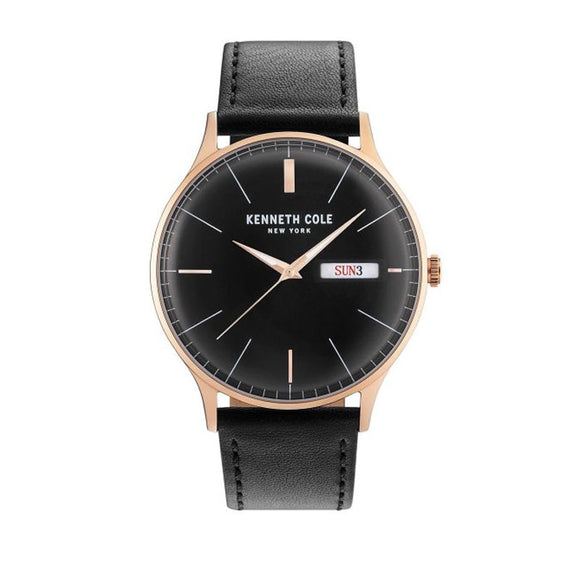 Jam tangan KENNETH COLE KCNY50589009 dengan kombinasi warna hitam dan emas, desain elegan dan maskulin.