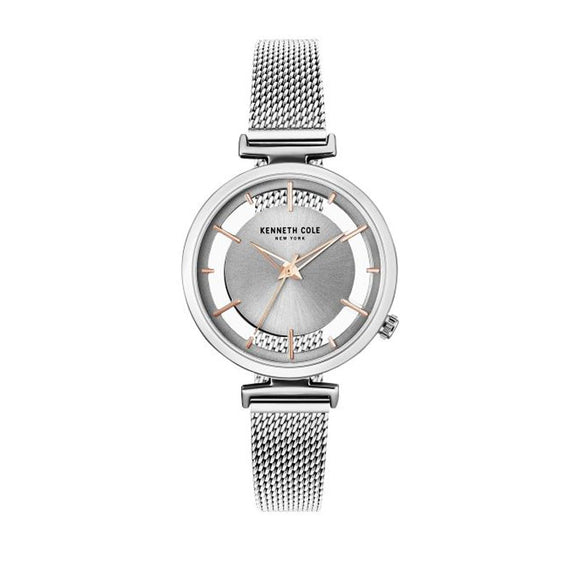 Jam tangan pria KENNETH COLE KCNY50590003 dengan desain minimalis, dial biru, dan tali stainless steel perak.