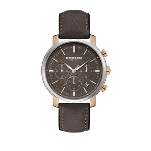 Jam tangan KENNETH COLE KCNY5077500 dengan tampilan elegan, dial putih, dan tali kulit cokelat klasik.