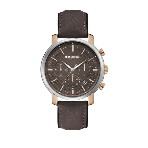 Jam tangan KENNETH COLE KCNY5077500 dengan tampilan elegan, dial putih, dan tali kulit cokelat klasik.