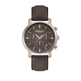 Jam tangan KENNETH COLE KCNY5077500 dengan tampilan elegan, dial putih, dan tali kulit cokelat klasik.
