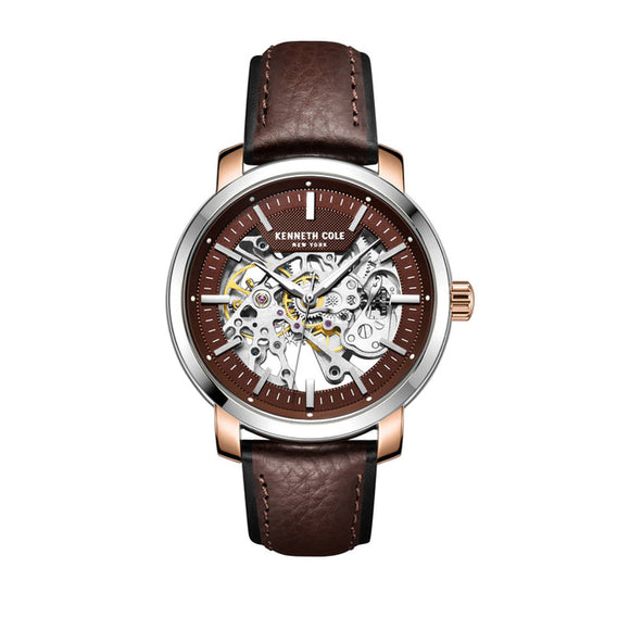 Jam tangan otomatis KENNETH COLE KCNY5077600 dengan desain skeleton dial dan tali kulit hitam elegan.