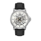 Jam tangan otomatis KENNETH COLE KCNY50779001 dengan skeleton dial berwarna hitam dan tali kulit cokelat elegan.