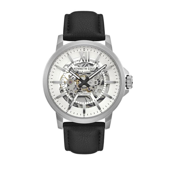 Jam tangan otomatis KENNETH COLE KCNY50779001 dengan skeleton dial berwarna hitam dan tali kulit cokelat elegan.