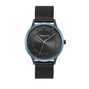 Jam tangan otomatis KENNETH COLE KCNY5078100 dengan skeleton dial berwarna biru dan tali stainless steel perak.