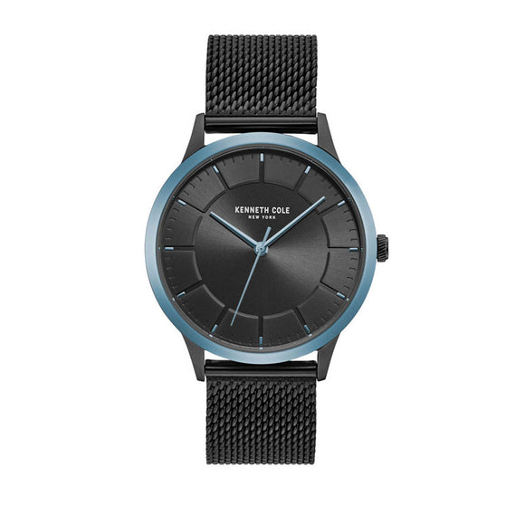 Jam tangan otomatis KENNETH COLE KCNY5078100 dengan skeleton dial berwarna biru dan tali stainless steel perak.