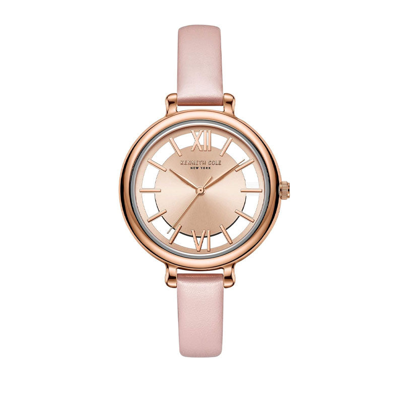 Jam tangan wanita Kenneth Cole KCNY50789001 dengan desain klasik, dial analog warna pink, dan strap kulit halus.