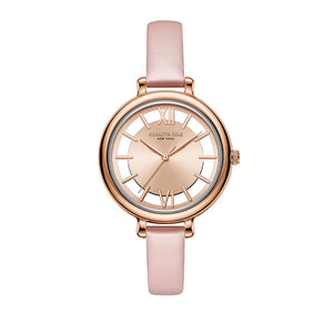 Jam tangan wanita Kenneth Cole KCNY50789001 dengan desain klasik, dial analog warna pink, dan strap kulit halus.