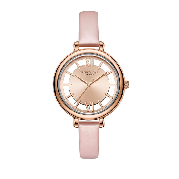 Jam tangan wanita Kenneth Cole KCNY50789001 dengan desain klasik, dial analog warna pink, dan strap kulit halus.