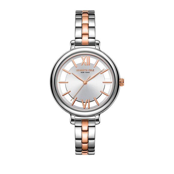 Jam tangan wanita Kenneth Cole KCNY50789006 dengan desain klasik, dial analog warna pink, dan strap kulit halus.