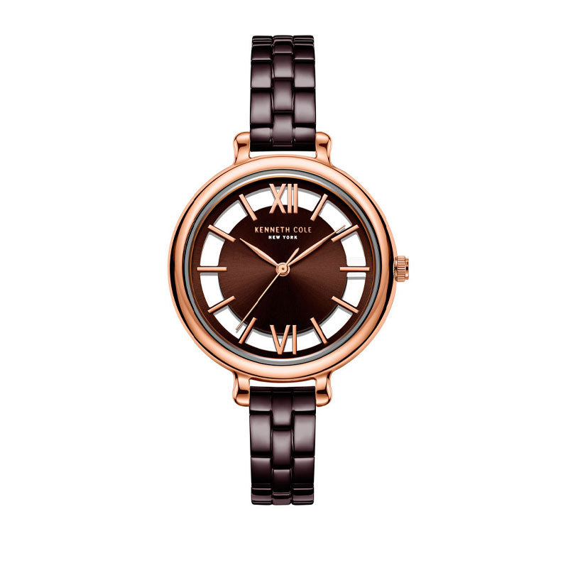 Jam tangan wanita Kenneth Cole KCNY50789007 dengan desain klasik, dial analog warna pink, dan strap kulit halus.