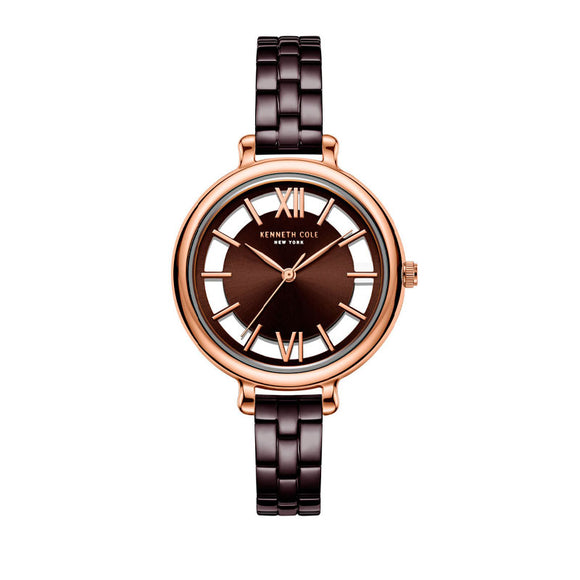 Jam tangan wanita Kenneth Cole KCNY50789007 dengan desain klasik, dial analog warna pink, dan strap kulit halus.