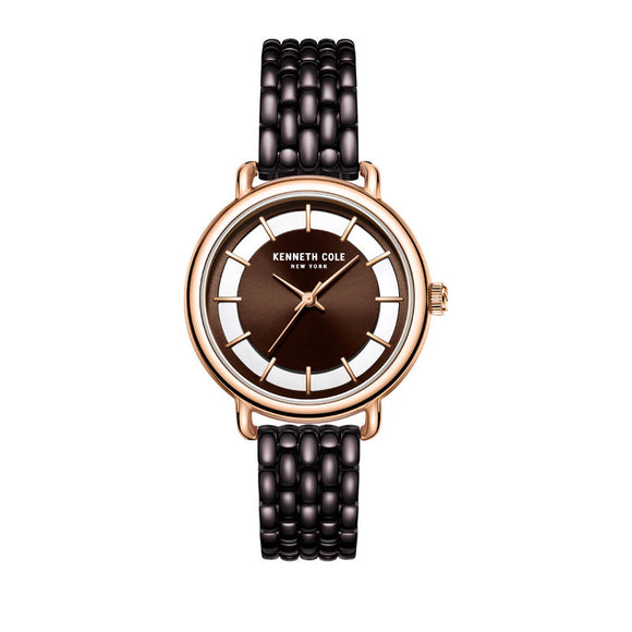 Jam tangan wanita Kenneth Cole KC50790004 dengan desain klasik, dial cokelat, dan strap stainless steel warna cokelat tua.