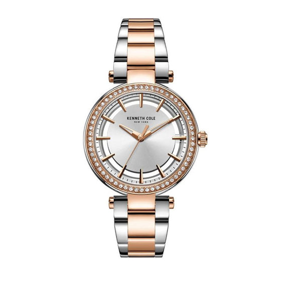 Jam tangan wanita Kenneth Cole KC5079800 dengan desain elegan, dial silver beraksen kristal, dan strap stainless steel berwarna perak.

