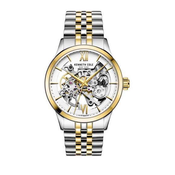 Jam tangan automatic Kenneth Cole KCNY50983002 dengan desain skeleton dan strap stainless elegan.