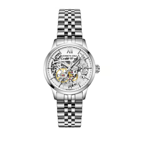 Jam tangan automatic Kenneth Cole KCNY50984004 dengan desain skeleton dan strap stainless steel warna silver.