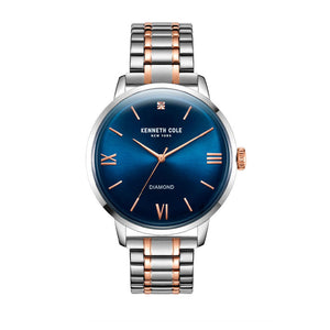 Jam tangan pria Kenneth Cole KC 51025002 dengan dial biru dan strap stainless steel dua warna.