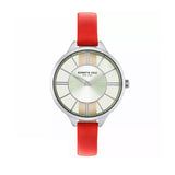 Jam tangan wanita KENNETH COLE KCNY50538004 dengan tali kulit merah dan dial transparan bergaya feminin modern.