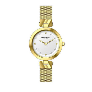 Jam tangan wanita KENNETH COLE KCNY50511002 dengan tali stainless steel emas dan dial mother of pearl bergaya klasik modern.