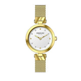 Jam tangan wanita KENNETH COLE KCNY50511002 dengan tali stainless steel emas dan dial mother of pearl bergaya klasik modern.