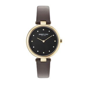 Jam tangan wanita KENNETH COLE KC50513003 dengan tali kulit cokelat tua dan dial hitam bergaya minimalis elegan.