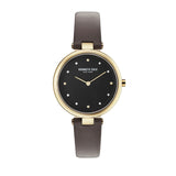 Jam tangan wanita KENNETH COLE KC50513003 dengan tali kulit cokelat tua dan dial hitam bergaya minimalis elegan.